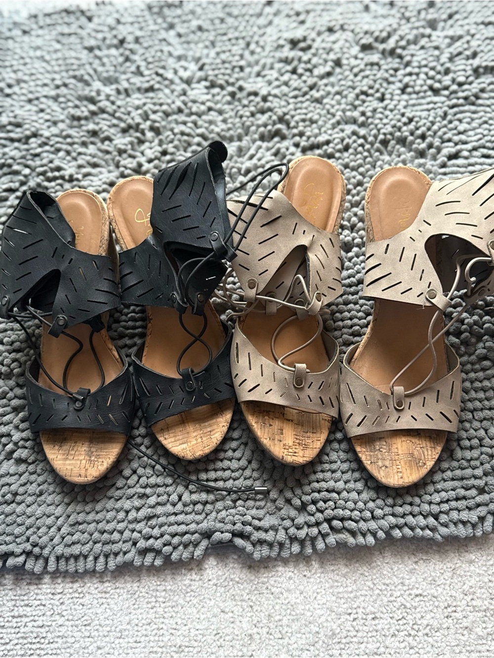 Women's Lace-Up Cork Wedge Sandals in Black and Taupe